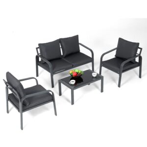 athena collection patio furniture set 4 pieces outdoor conversation sets with coffee table & cushions, all weather bistro chairs set for balcony, lawn, garden, poolside, black