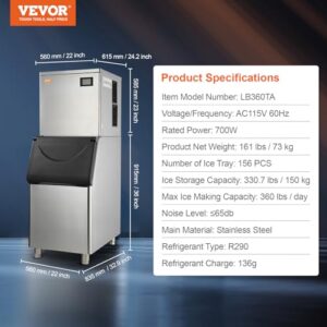 VEVOR Commercial Ice Maker, 360LBS/24H Ice Making Machine with 330.7LBS Large Storage Bin, 700W Auto Self-Cleaning Ice Maker Machine with 3.5-inch LED Panel for Bar Cafe Restaurant Business