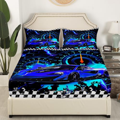 Feelyou Kids Blue Race Car Bedding Set Twin Size, Speed Sports Car Bed Sheet Set Boys Girls for Racing Car Fitted Sheet Extreme Sports Bed Cover Bedroom Decor with 1 Pillow Case (No Flat Sheet)