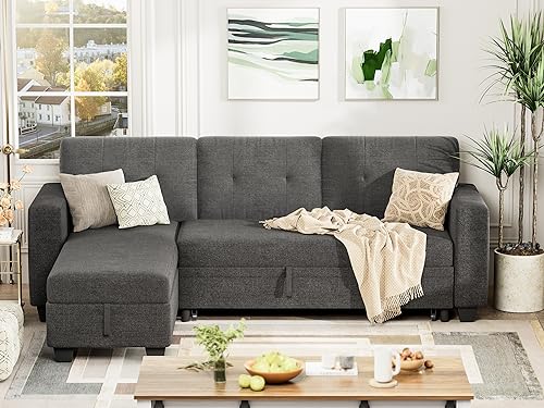 YESHOMY Sofa Bed Reversible Convertible Sleeper Pull Out Couches with Storage Chaise, Linen Fabric Furniture for Living Room, Bedroom, Apartment, Dark Gray