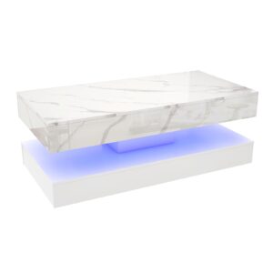 chartustriable 47inch Large High-Glossy LED Coffee Table with 2 Sliding Drawers, Living Room Storage Tables with Marbling Print, Modern Stylish Double-Layer Center Tables w/LED Lights, White