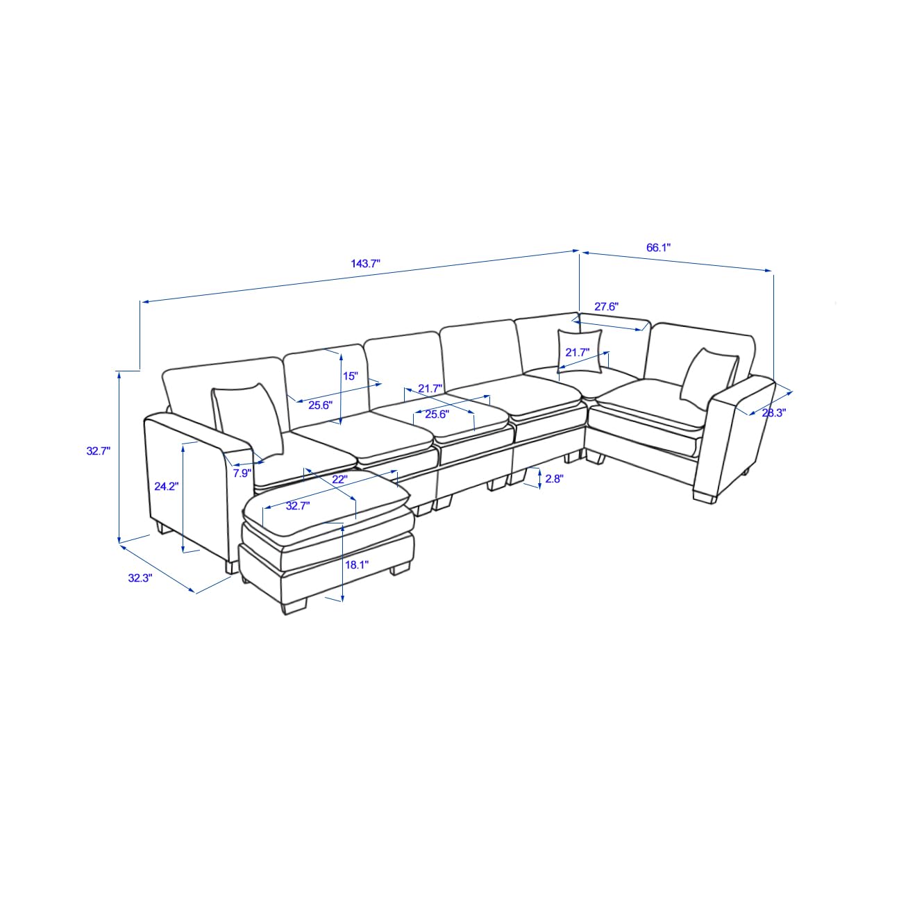 Hujota Oversized Modular Sectional Sofa, Modern U-Shaped Corduroy 7-Seat Sofa Couch with Ottoman & 3 toss Pillows, Deep Sofa Lounger, Comfy Upholstered Sofa for Living Room Apartmen (Grey)