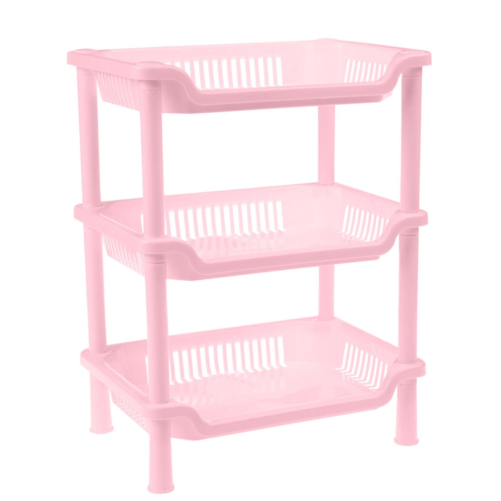 3-Layer Storage Rack, Bathroom Plastic Storage Rack, Multipurpose 3-Shelf Tier Standing Rack Organizer for Bathroom Bedroom Laundry Kitchen Office (Pink)