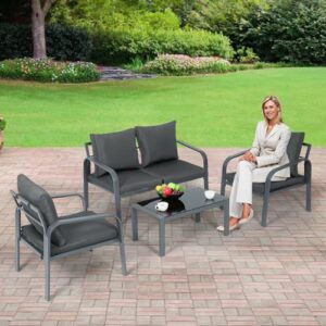 Athena Collection Patio Furniture Set 4 Pieces Outdoor Conversation Sets with Coffee Table & Cushions, All Weather Bistro Chairs Set for Balcony, Lawn, Garden, Poolside, Black