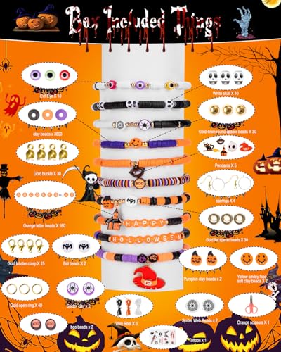 Goldwise Halloween Beads Friendship Bracelet Kit,2 Boxes with Halloween Clay Beads and Orange Letter Beads (A-Z) for Jewelry Making, Varieties of Halloween Charms Jewelry Making,DIY Crafts for Gifts