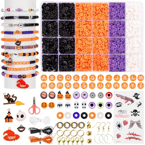 Goldwise Halloween Beads Friendship Bracelet Kit,2 Boxes with Halloween Clay Beads and Orange Letter Beads (A-Z) for Jewelry Making, Varieties of Halloween Charms Jewelry Making,DIY Crafts for Gifts