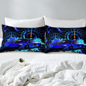 Feelyou Kids Blue Race Car Bedding Set Twin Size, Speed Sports Car Bed Sheet Set Boys Girls for Racing Car Fitted Sheet Extreme Sports Bed Cover Bedroom Decor with 1 Pillow Case (No Flat Sheet)