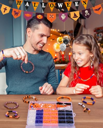 Goldwise Halloween Beads Friendship Bracelet Kit,2 Boxes with Halloween Clay Beads and Orange Letter Beads (A-Z) for Jewelry Making, Varieties of Halloween Charms Jewelry Making,DIY Crafts for Gifts