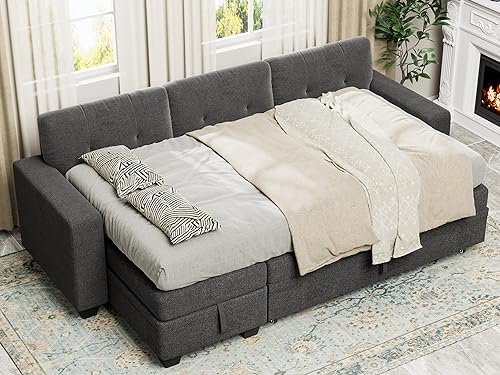 YESHOMY Sofa Bed Reversible Convertible Sleeper Pull Out Couches with Storage Chaise, Linen Fabric Furniture for Living Room, Bedroom, Apartment, Dark Gray