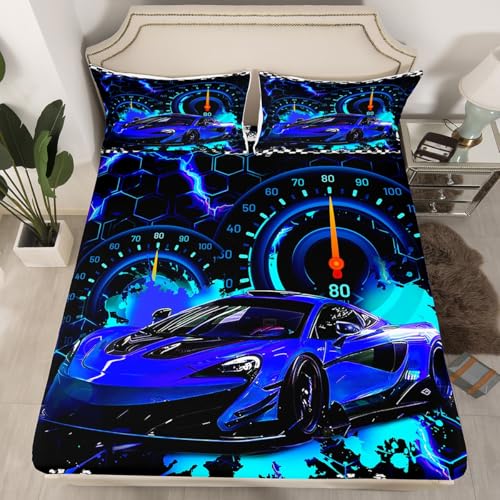 Feelyou Kids Blue Race Car Bedding Set Twin Size, Speed Sports Car Bed Sheet Set Boys Girls for Racing Car Fitted Sheet Extreme Sports Bed Cover Bedroom Decor with 1 Pillow Case (No Flat Sheet)