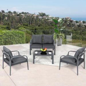 Athena Collection Patio Furniture Set 4 Pieces Outdoor Conversation Sets with Coffee Table & Cushions, All Weather Bistro Chairs Set for Balcony, Lawn, Garden, Poolside, Black