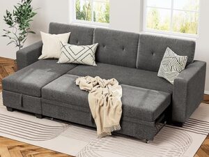 yeshomy sofa bed reversible convertible sleeper pull out couches with storage chaise, linen fabric furniture for living room, bedroom, apartment, dark gray