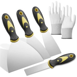 4 pcs putty knife set with gloves, 1“ 2” 3“ 5” stainless steel paint scraper, high quality putty knife, spackle knife, suitable for removing wallpaper, tape, applying putty scraper tool