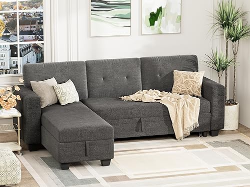 YESHOMY Sofa Bed Reversible Convertible Sleeper Pull Out Couches with Storage Chaise, Linen Fabric Furniture for Living Room, Bedroom, Apartment, Dark Gray