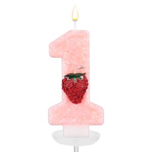 pink number 1 candle, strawberry cake topper berry number one candle for first birthday party supplies decor for 1st birthday anniversary decorations photo props