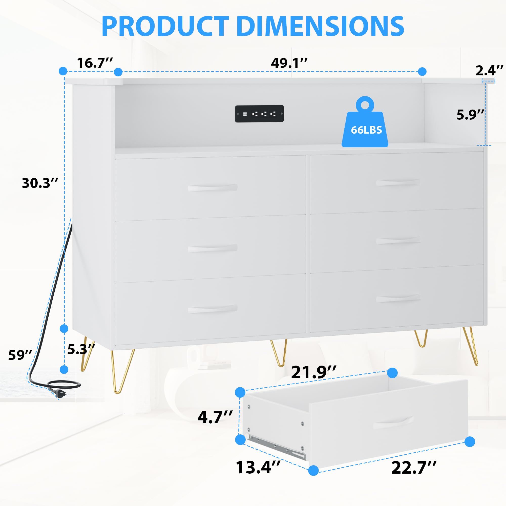 Patikuin White Dresser for Bedroom with LED Light & Charging Station, 6 Drawers Wooden Dressers with Open Space, Modern Chest of Double Wide Drawers for Living Room, Entryway, Hallway TV Stand