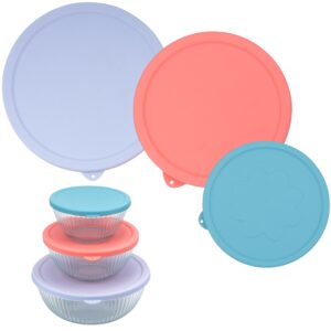 purekra 3 pack silicone replacement lids for pyrex 7402-s 1.3 qt, 7403-s 2.3 qt, 7404-s 4.5 qt sculpted tinted glass mixing bowls (bowl not included)