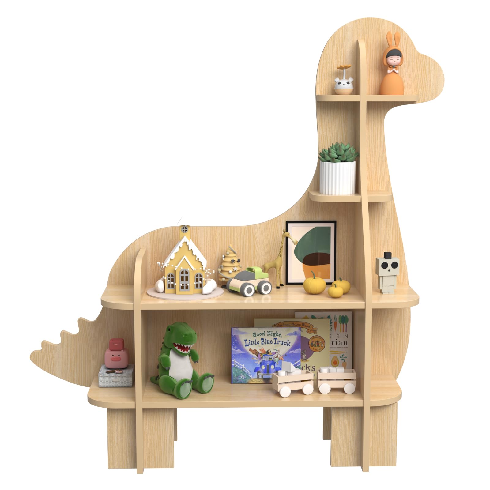 Dinosaur Kids Bookshelf, Wooden Kids Bookshelf and Toy Storage, Wood 4-Tier Montessori Bookshelf for Kids, Durable Bookcase, Eco-Safe Toddler Bookshelf, Toy Organizer for Kids Room, Playroom, Nursery