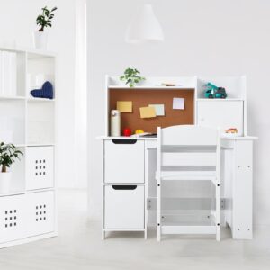 Kids Study Desk and Chair Set with Storage - White Learning Table with Bookshelf and Cabinets for Boys and Girls Ages 3-8