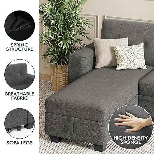 YESHOMY Sofa Bed Reversible Convertible Sleeper Pull Out Couches with Storage Chaise, Linen Fabric Furniture for Living Room, Bedroom, Apartment, Dark Gray