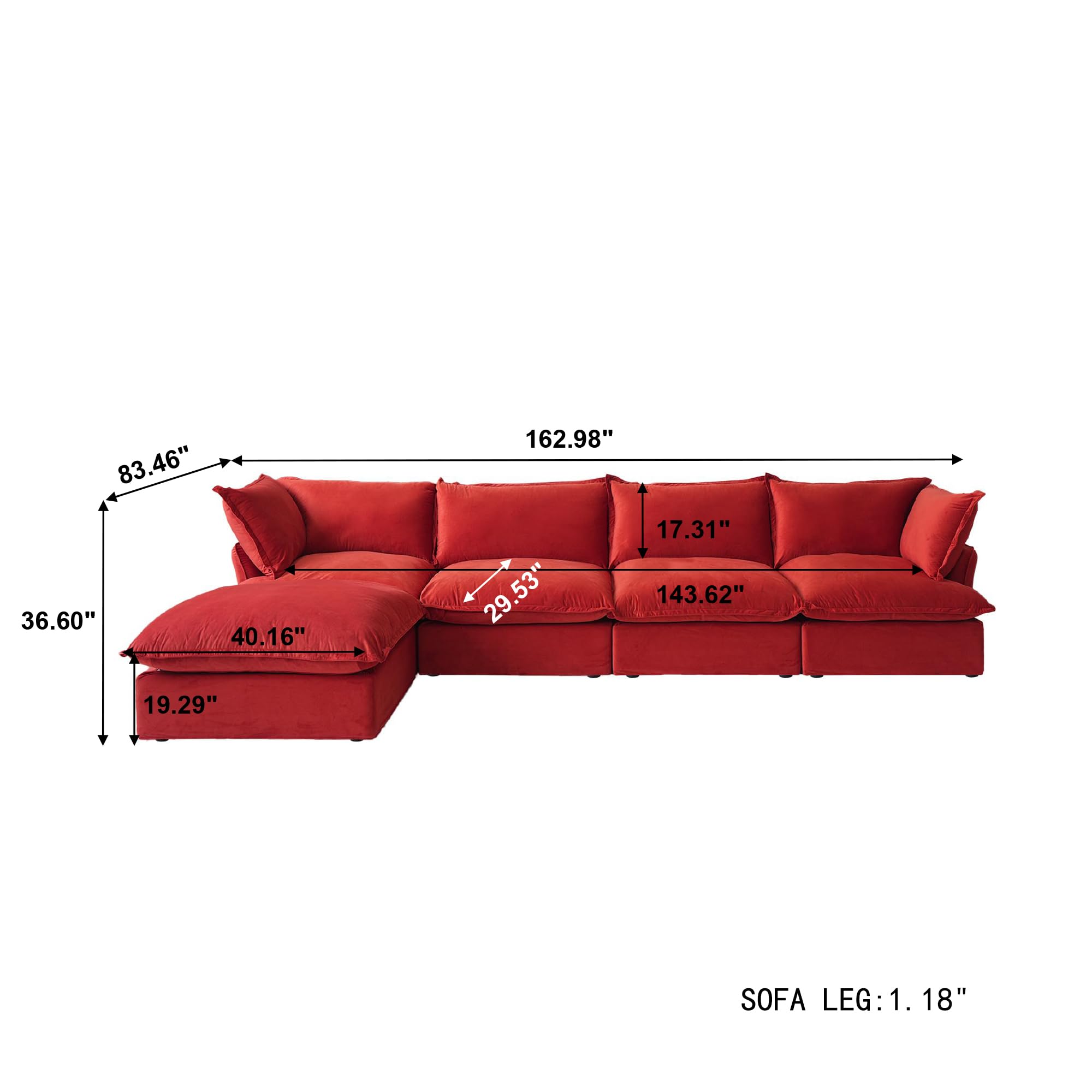 JACH L-Shaped Velvet Sectional Couches, Modular Couch Sectional, Deep 4 Seats Sofa with Storage Ottoman, Cushion Covers Removable, Two Corners and Two Middle Sofa for Living Room (Red)