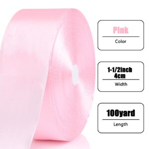 NESCCI 100 Yards Ribbon,1-1/2 Inch Pink Satin Ribbon,Single Face Satin Ribbons,Perfect for Gift Wrapping,Wedding Decoration,Handmade Bows, Wrapping Bouquet and More