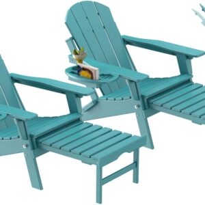 NAVINE Adjustable Adirondack Chair with Retractable Ottoman Set of 2, HDPE Folding Adirondack Chair with Cup Holder, All Weather Fire Pit Chair for Outdoor.