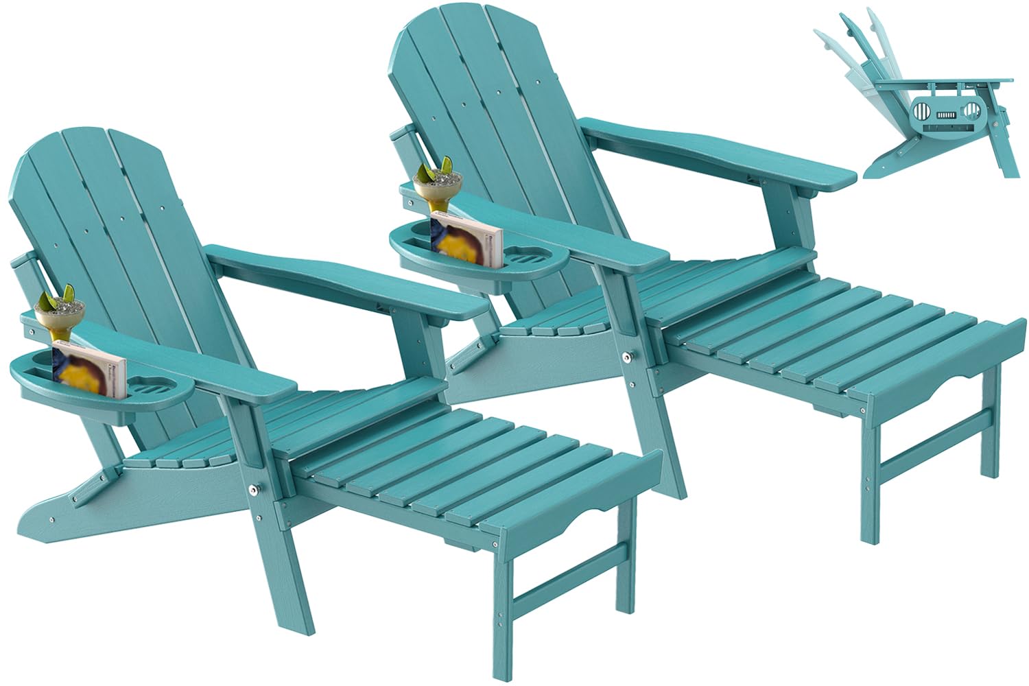 NAVINE Adjustable Adirondack Chair with Retractable Ottoman Set of 2, HDPE Folding Adirondack Chair with Cup Holder, All Weather Fire Pit Chair for Outdoor.