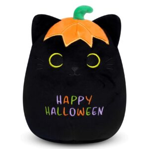 leokawin black cat stuffed animal,8inch black cat plush,cute black cat plush toys with pumpkin hat,cute black cat plush pillow black cat plushies birthdays gifts for kids