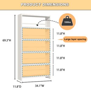 OSEILLC 5-Tier Bookshelf, White Bookshelf with Storage Shelves, Metal Bookshelves, 69" Tall Bookcase for Living Room, Library, Office, Bedroom, Including Book Stopper