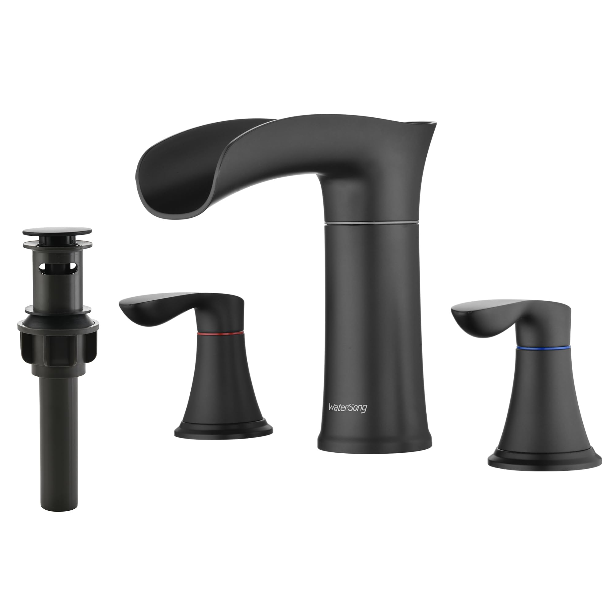 Watersong Waterfall Bathroom Faucet, 2-Handle 2 or 3 Holes Vanity Farmhouse RV Lavatory Vessel Faucet 4 Inch Centerset, Bathroom Sink Faucet Mixer Tap Washbasin Faucet, Pop Up Drain, Matte Black