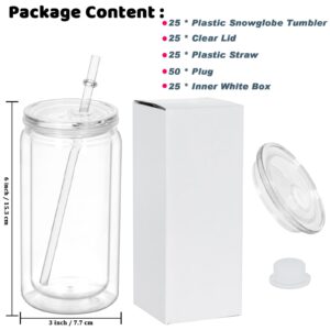 Maucircol 16 Oz Acrylic Snowglobe Tumbler, 25 Pack Pre-Drilled Double Wall Plastic Clear Cup for Glitter Snow Globe Diy, Double Wall Plastic Snowglobe Cup with Clear Lid