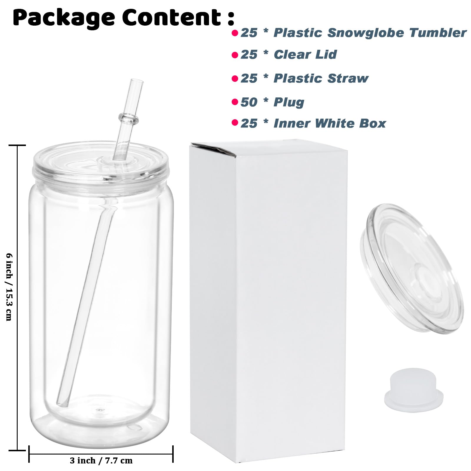 Maucircol 16 Oz Acrylic Snowglobe Tumbler, 25 Pack Pre-Drilled Double Wall Plastic Clear Cup for Glitter Snow Globe Diy, Double Wall Plastic Snowglobe Cup with Clear Lid