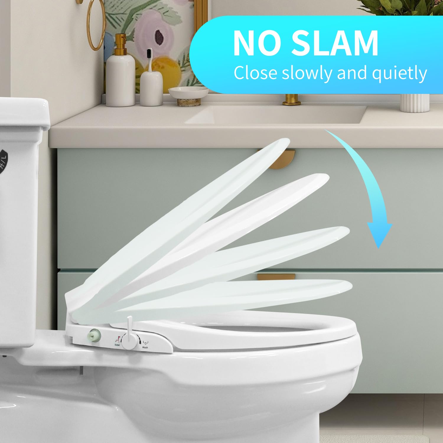 Bazyths Bidet Toilet Seat, Soft Close, Non-Slip, Non-Electric, Fits Elongated or Oval Toilets, Dual Nozzle for Feminine & Rear Wash, Self-Cleaning, Adjustable Water Pressure, Quick Installation