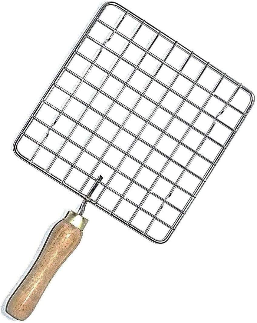 Flfwlass Stainless Steel Roasting Net with Wooden Handel, Roasting Jali, Wire Roaster, Papad Jali - 1 Pcs (Silver-Rectangular), Size-8 Inch