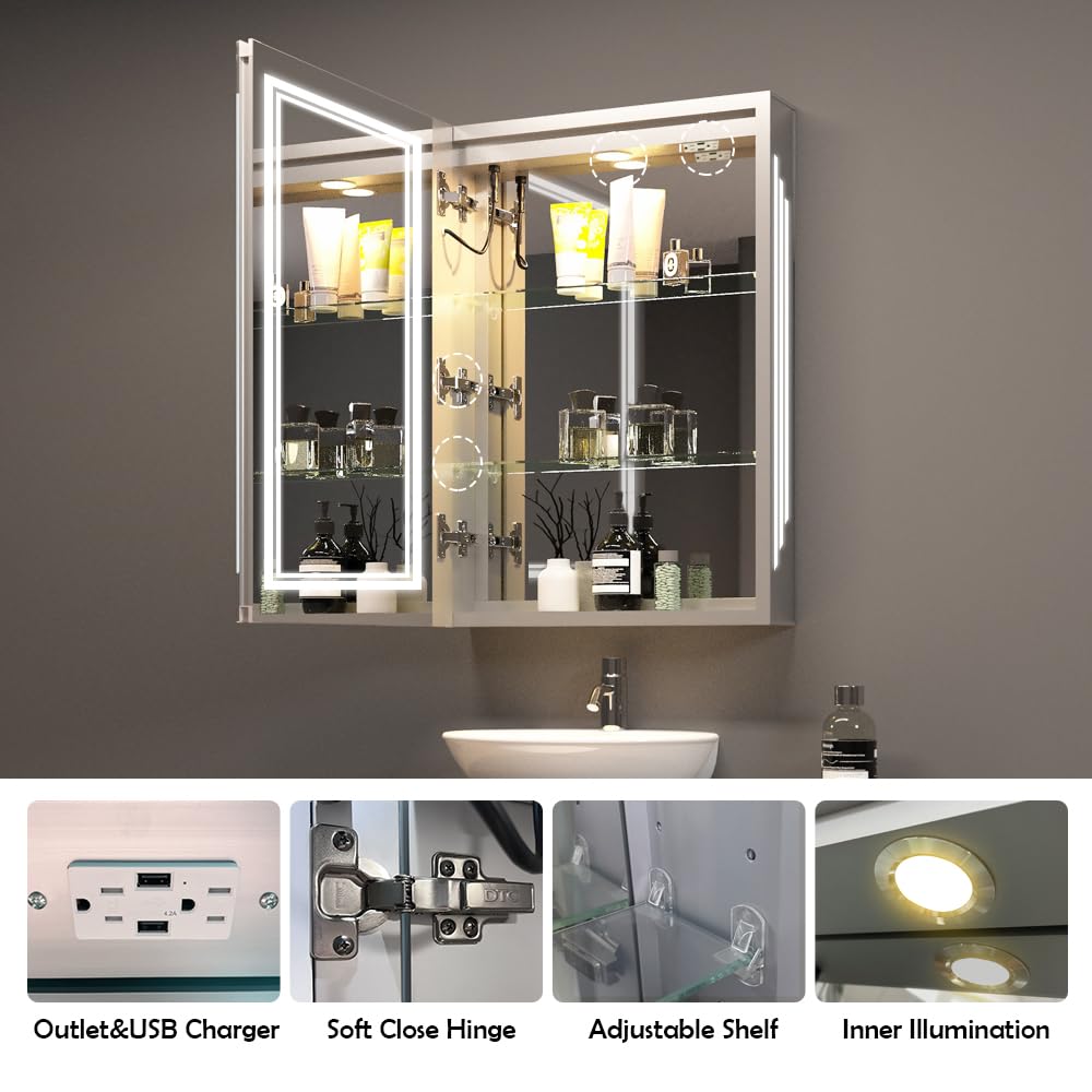 Janboe 20×26inch Medicine Cabinet with Lights,Lighted Medicine Cabinet,3 Colors&Dimmable,Demister,Internal Light,USB Shaver Socket,Inner Door Lighting