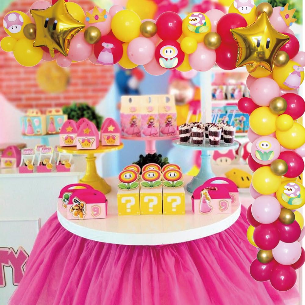 Princess Peach Balloons Garland Arch Kit, Pink Yellow Princess Peach Birthday Party Balloons with Star Foil Balloons for Girl Mario Princess Peach Party, Princess Themed Birthday, Princess Baby Shower