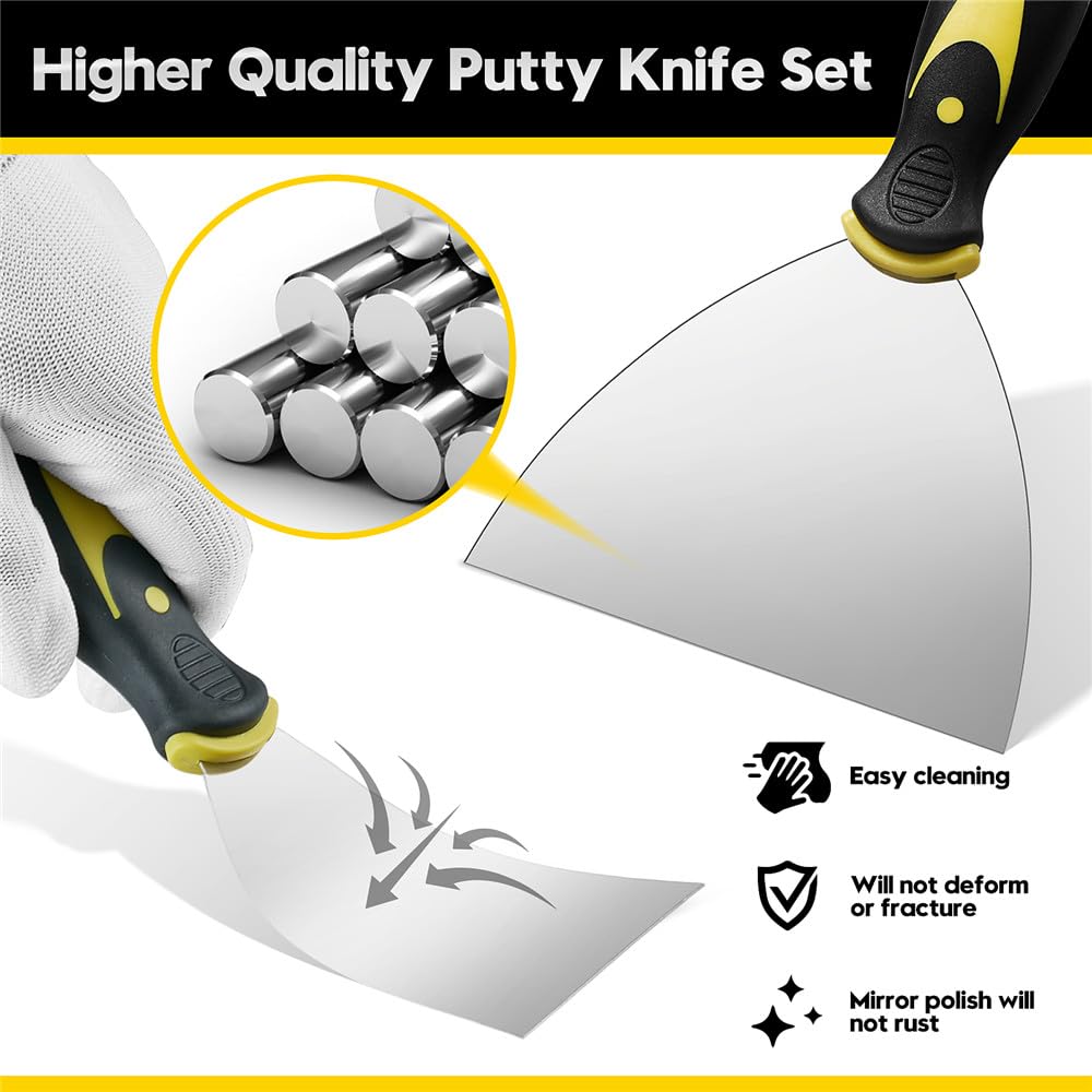 4 Pcs Putty Knife Set with Gloves, 1“ 2” 3“ 5” Stainless Steel Paint Scraper, High Quality Putty Knife, Spackle Knife, Suitable for Removing Wallpaper, Tape, Applying Putty Scraper Tool