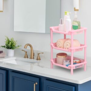 3-Layer Storage Rack, Bathroom Plastic Storage Rack, Multipurpose 3-Shelf Tier Standing Rack Organizer for Bathroom Bedroom Laundry Kitchen Office (Pink)