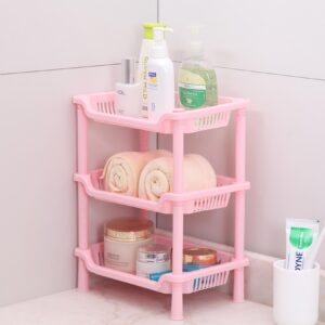 3-Layer Storage Rack, Bathroom Plastic Storage Rack, Multipurpose 3-Shelf Tier Standing Rack Organizer for Bathroom Bedroom Laundry Kitchen Office (Pink)