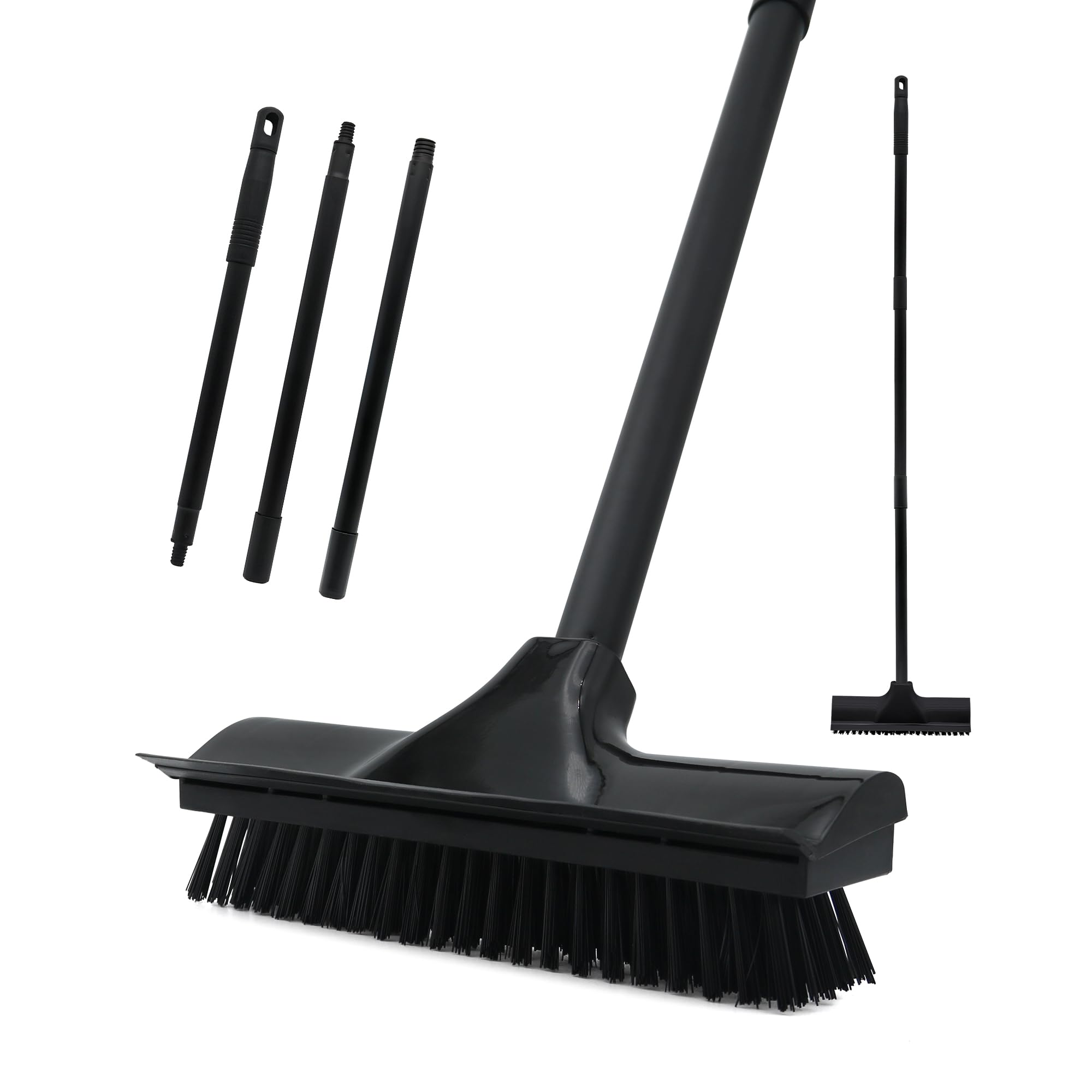 Push Broom Outdoor- Heavy Duty Broom, Stiff Bristles Floor Scrub Brush with 49" Long Handle for Deck Driveway Garage Yard Patio Warehouse Concrete Wood Stone Kitchen Tile Indoor Floor Cleaning (Black)