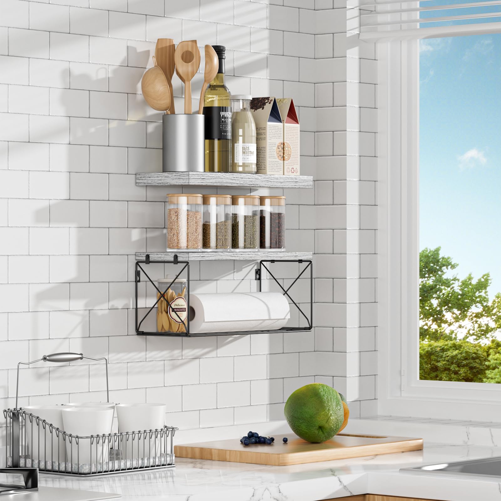 Gigecor Bathroom Shelves with Wire Storage Basket, Floating Shelves for Wall Decor Storage, Wood Wall Shelves for Bathroom, Living Room, Kitchen and Bedroom (White)