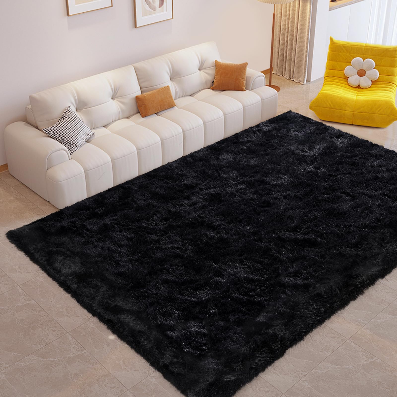 Soft Black Rugs for Bedroom Living Room, 4x6 Feet Modern Indoor Fuzzy Shaggy Area Rug, Non-Slip Fluffy Furry Rug for Nursery Kids Room Dorm Room Home Decor, High Pile Plush Floor Carpet