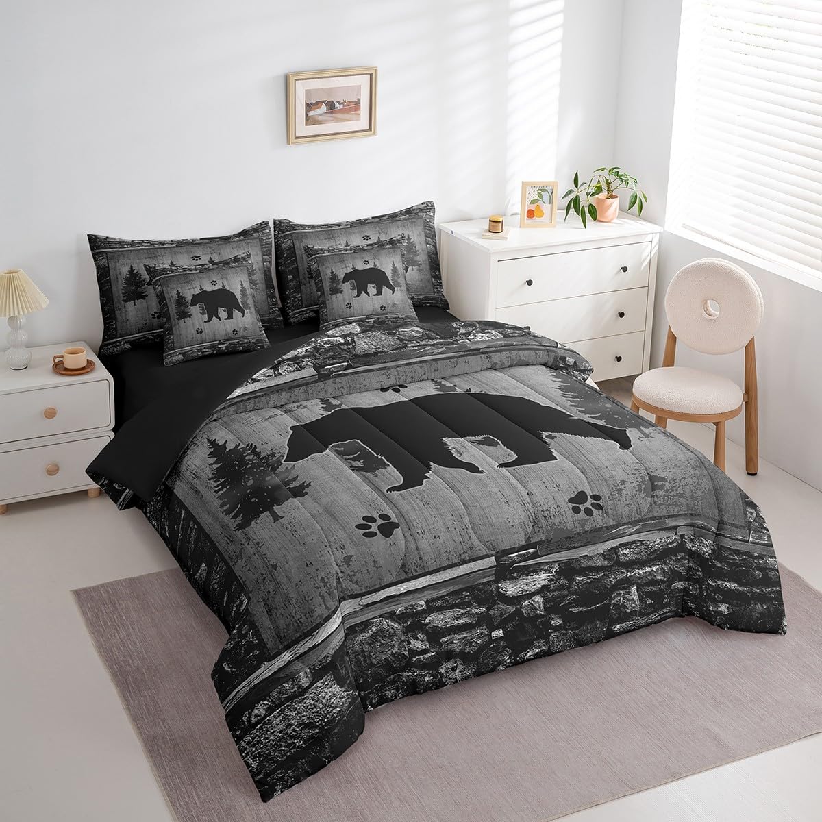 Feelyou Bear Comforter Set with Sheets Full Size 7 Piece Kids Rustic Bear Bedding Set Cabin Lodge Bear Bed in a Bag Farmhouse Nature Wildlife Bear Grey Bed Set