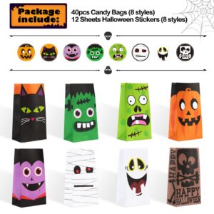 DECORLIFE 40 PCS Cute Halloween Goodie Bags, 8 Style Halloween Treats Bags Party Favor, Trick or Treat, Gifts, Candies, Snacks, Party Supplies, 40 Stickers Included