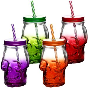 4 pcs halloween skull mason jars with lids 16 oz halloween drinking glasses with skull, skull mason jars with straw, mason jar cup for halloween party (set of 4, orange, purple, red and green)