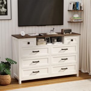 MIIFUNY Dresser with Mirror for Bedroom, 8 Drawer Dresser with Charging Station, Farmhouse Chest of Drawers for Bedroom, Hallway, Kids Room