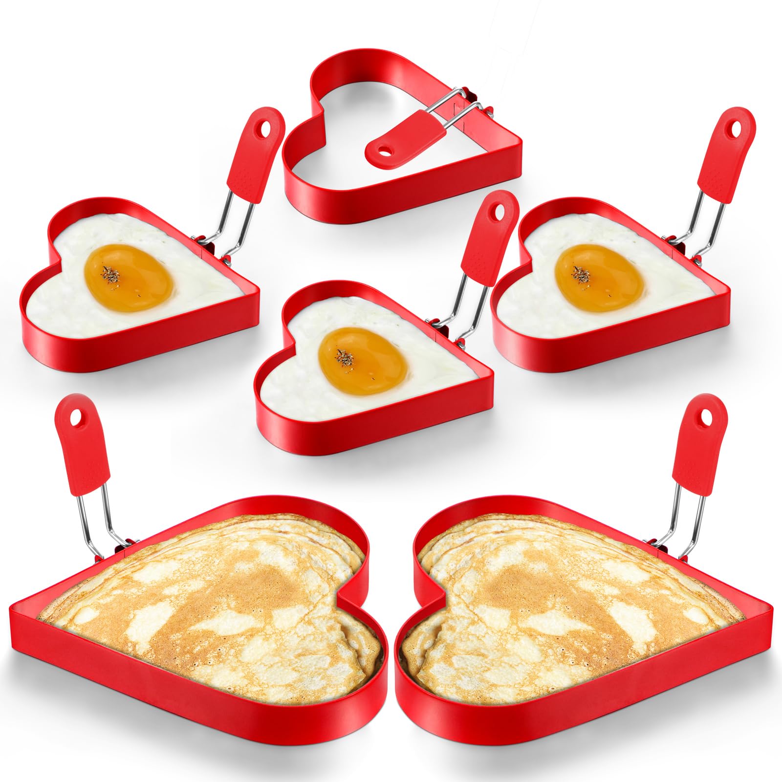 Patelai 6 Pcs Nonstick Pancake Ring 6'' and 4'' Stainless Red Heart Egg Rings Set Heart Shaped Pancake Mold Egg Rings with Red Silicone Handle for Breakfast Love Omelette Sandwich