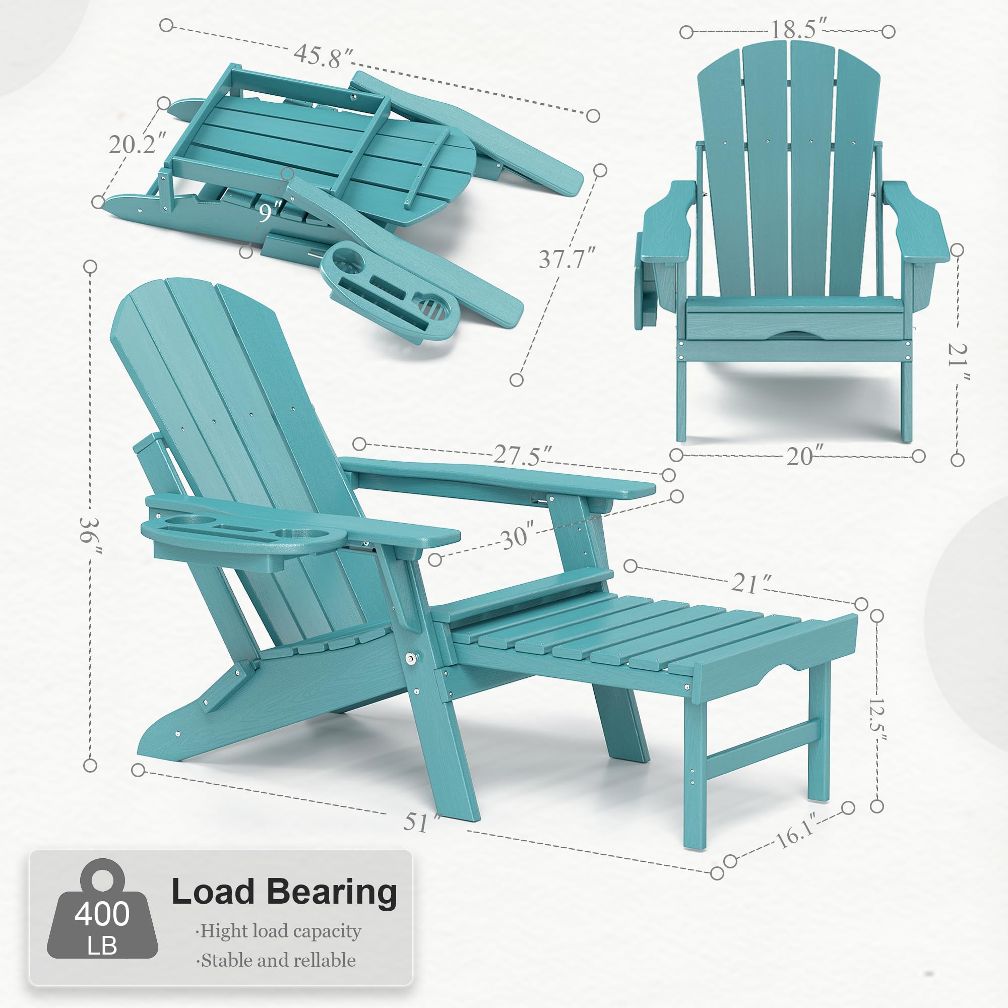 NAVINE Adjustable Adirondack Chair with Retractable Ottoman Set of 2, HDPE Folding Adirondack Chair with Cup Holder, All Weather Fire Pit Chair for Outdoor.