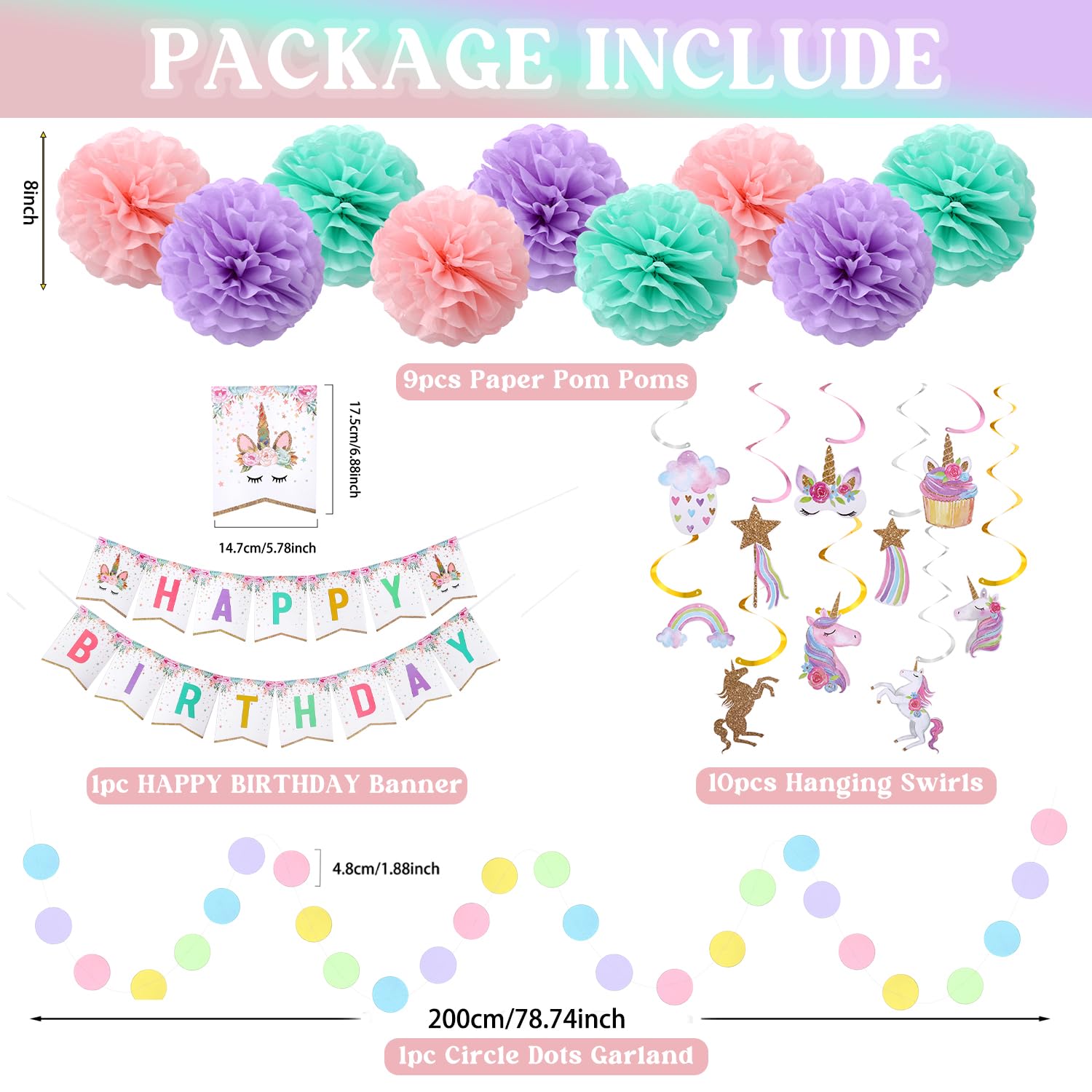 Unicorn Birthday Decorations, Happy Birthday Banner,9pcs Tissue Paper Pom Poms,10pcs Hanging Swirls,Macaron Circle Dots Garland for Unicorn Party Decorations, Girls Birthday Party Decorations